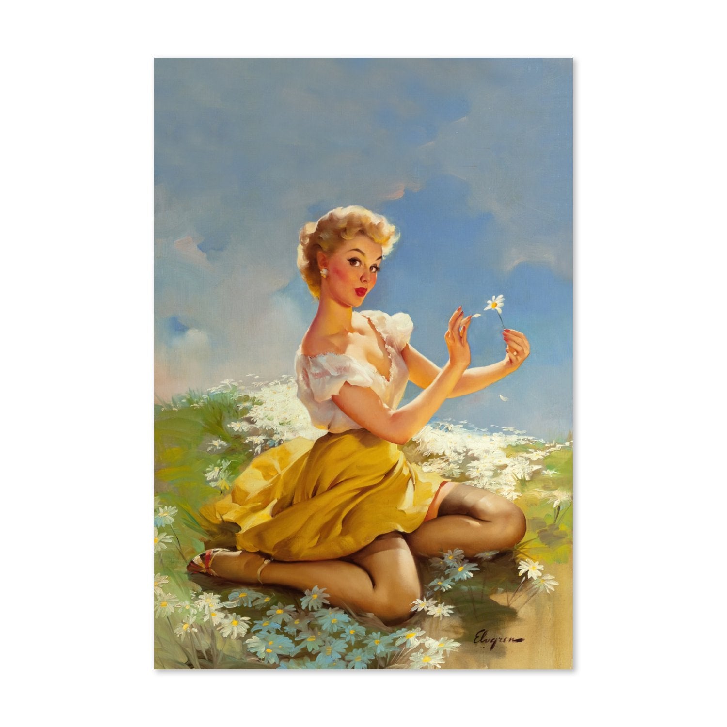 Daisies Are Telling by Gil Elvgren, pin-up poster — framed print